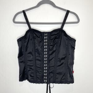 Vintage Tripp NYC Corset Top Womens Plus 2 Black Satin 2X Lace Up Hook Goth Vamp